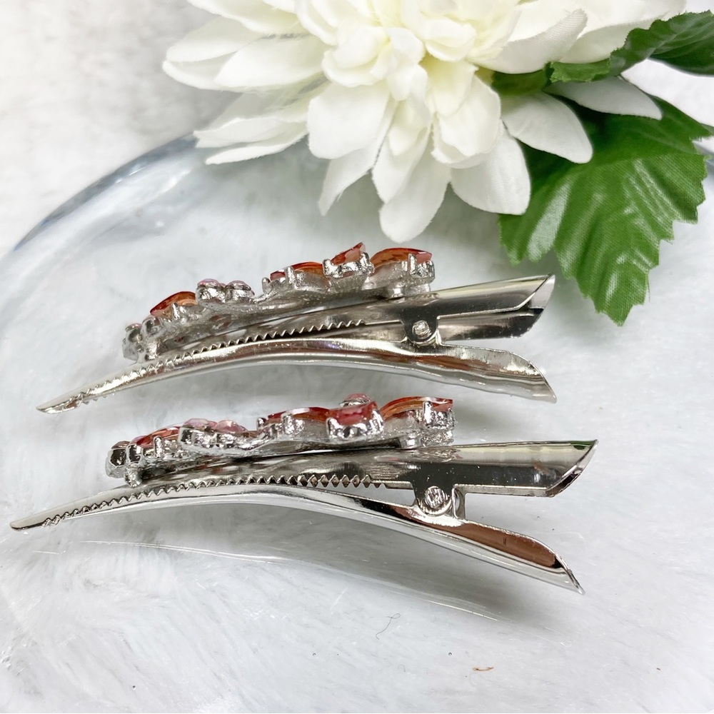 Crystal Floral Beaded Alligator Hair Clips Set Of Two Pink Silver Tone NEW - Picture 7 of 7